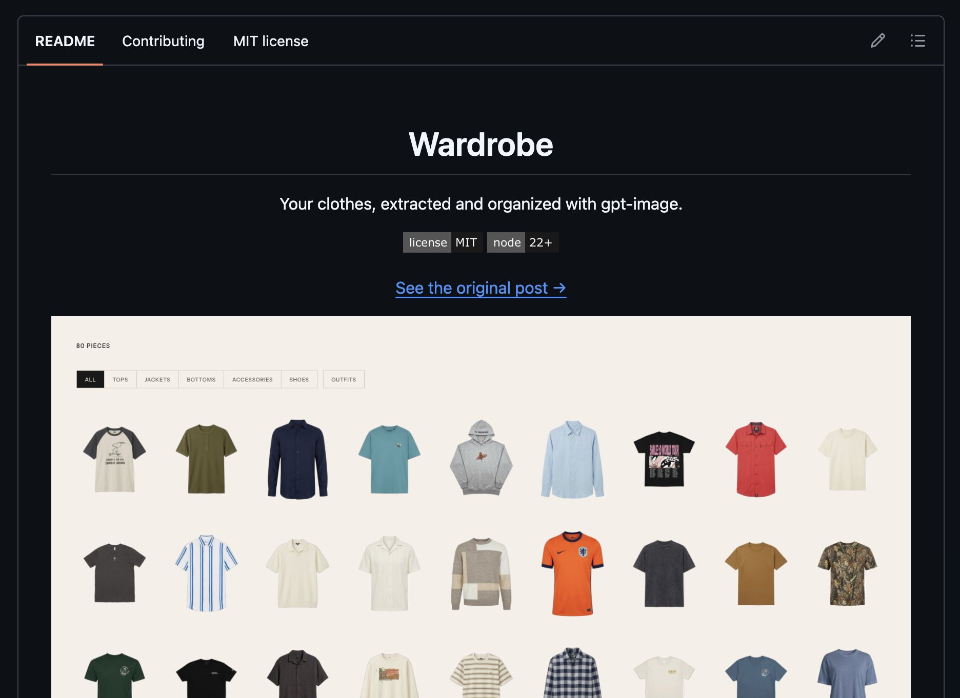 The open-source wardrobe repository with a grid of extracted clothes